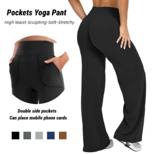 Pantalones de yoga acampanados de cintura alta para mujer, control de abdomen, efecto levantamiento de glúteos, dos bolsillos, elásticos, suaves y fluidos, para entrenamiento u oficina