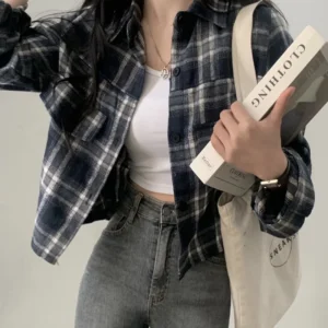 Camisa a cuadros de manga larga para mujer, estilo corto, top interior, diseño único y hermoso, novedad primavera 2026, corte...
