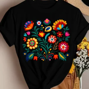 Camiseta de Mujer Adornada con Flores Mexicanas: un Diseño Vibrante de Arte Folclórico, Top Informal Negro. Camisetas con Estampado Gráfico, Ropa de Mujer, Top Y2K
