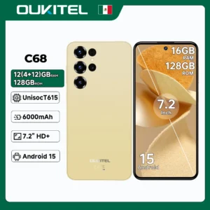 Teléfono Inteligente OUKITEL C68, Pantalla HD+ de 7.2 Pulgadas y 120 Hz, Unisoc T615, 16 GB (4+12) + 128 GB, Batería de 6000 mAh, NFC, Android 15, Cámara de 64 MP + 8 MP, Teléfono Celular 4G con Doble SIM