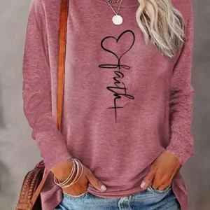 Camiseta de Punto de Poliéster de Manga Larga para Mujer, Cuello Redondo, Holgada, Elegante, de Color Sólido, con Estampado de Corazón, Moda Otoño-Invierno