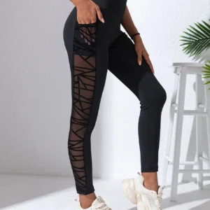 Mallas de Yoga de malla lateral para mujer, ropa deportiva de tela negra con retales de cintura alta, pantalones largos suaves y cómodos para gimnasio y Fitness