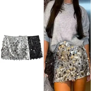 Minifalda Elegante de Cintura Alta con Lentejuelas para Mujer, con Cierre Lateral, Estilo Vintage