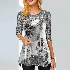 Camiseta con estampado de moda para mujer, jersey informal de manga larga con cuello redondo para mujer, Tops Vintage con estampado Floral, camisas de oficina para mujer
