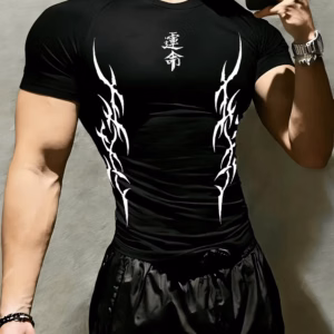 Ropa Deportiva Ajustada de Manga Corta para Hombre con Patrón de Espinas Negras, Adecuada para Correr y Entrenar