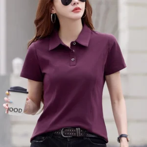 Camiseta de manga corta con solapa roja estilo coreano para mujer, novedad de verano, moda de alta gama, talla grande, top informal de algodón puro