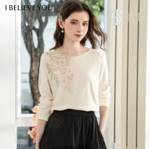 I BELIEVE YOU Camiseta de manga larga color albaricoque para mujer, camisetas elegantes con bordado floral, cuello redondo, Tops ajustados, otoño 2026, 2263016391