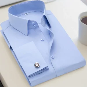 Camisa de hombre con puños franceses, camisa de hombre de corte ajustado de manga larga para negocios, sin necesidad de abrochar, camisa formal de color sólido para hombre.