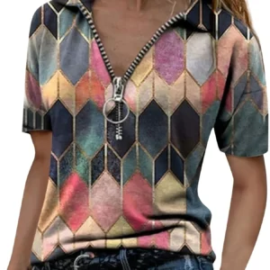 Polo versátil para mujer para todas las estaciones: fácil cuidado, comodidad elástica con cremallera elegante y diseño geométrico para uso informal diario