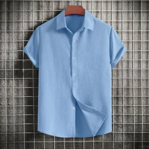 Camisa Casual de Manga Corta para Hombre, Cuello Solapa, Color Sólido