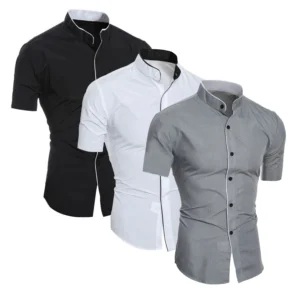 Camisa de moda informal de manga corta de verano para hombre, top ajustado cómodo y transpirable con cuello levantado de color sólido para hombre