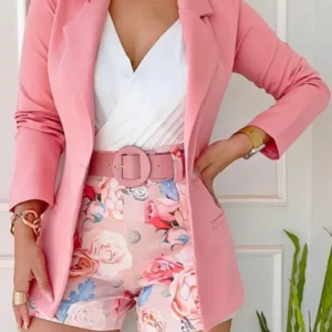 Nuevo Conjunto de Blazer de Manga Larga y Pantalones Cortos con Estampado Floral para Mujer 2026, con Cinturón, Conjunto Casual de 2 Piezas, Trajes Femeninos, Conjunto de 2 Piezas