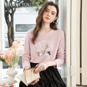 I BELIEVE YOU Camiseta de manga larga con estampado de gato rosa para mujer, otoño 2026, antibacteriana, cuello redondo, informal, de algodón, 2263016395