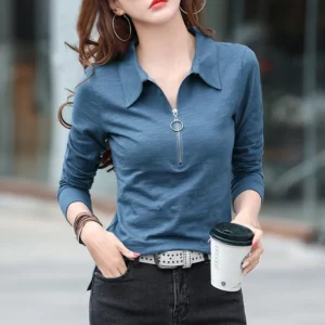 Camiseta de algodón puro con cuello POLO de manga larga a la moda de estación europea, nueva camisa ajustada con parte inferior de Color sólido para primavera para mujer