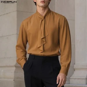 Camisa de hombre INCERUN, color liso, con cordones, manga larga, holgada, ropa casual para hombre, ropa urbana, moda 2026, tops elegantes, camisas