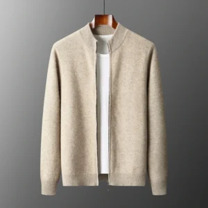 100% de lana merina para hombre, suéter cálido con cuello simulado, cárdigan grueso con cremallera, Tops de manga larga tejidos de Cachemira para otoño e invierno