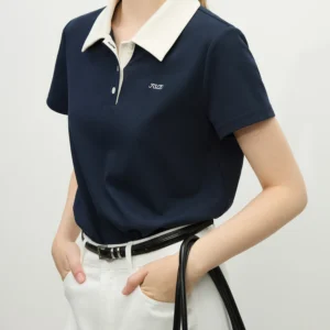 FSLE-Camiseta de manga corta de punto Retro con cuello tipo Polo para mujer, Tops de estilo elegante de nuevo diseño, traje elegante 25FS11140