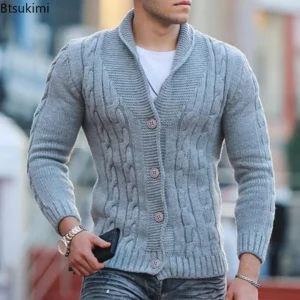 Otoño Invierno suéter de punto cálido para hombre cárdigan liso de un solo pecho con textura retorcida solapa suéter grueso abotonado delgado para hombre