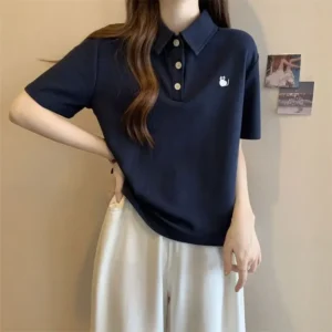 Camiseta holgada con cuello tipo Polo para mujer, camiseta de manga corta para mujer, ropa de moda para mujer, camiseta gótica coreana elegante en oferta 2025
