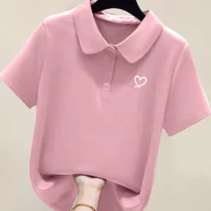 Camiseta de manga corta con cuello tipo de algodón puro para mujer, novedad de verano, informal, holgada, versátil, a la...