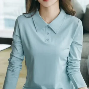 Camisetas de alta calidad 100 ℅ para mujer, camiseta de algodón de manga larga con cuello, ropa Popular coreana, Polo básico bonito Original para mujer