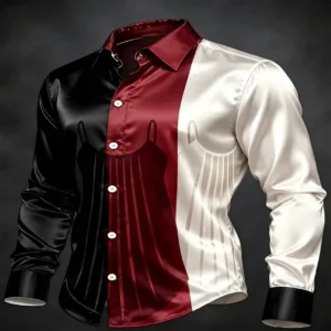 Camisa de manga larga de satén para hombre, con diseño de bloques de color y estampado de patchwork, corte ajustado, con botones, ideal para eventos formales, fiestas, bodas y bailes de graduación. Ropa de hombre de lujo.