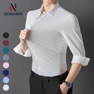 Camisa ultraelástica premium para hombre: camisa formal de manga larga de negocios sedosa de alta calidad para uso social e informal