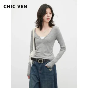 CHIC VEN Camisetas de Mujer Casuales con Cuello en V Profundo, Media Botonadura, Ajustadas, de Manga Larga, Camisetas Elásticas de Base para Primavera y Otoño 2026
