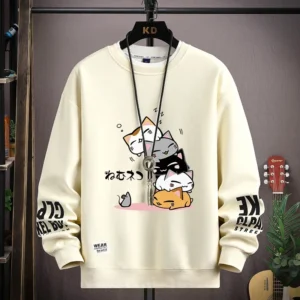 Sudadera de primavera para hombre, camiseta de manga larga con estampado de gatos de dibujos animados japoneses, ropa de moda para hombre, Top Harajuku de color caqui con cuello redondo, novedad de 2024