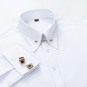 Gemelos franceses bordados Camisa de manga larga para hombre con alfileres para el cuello, camisa de vestir con cuello grande para ropa formal de negocios, Gentlema