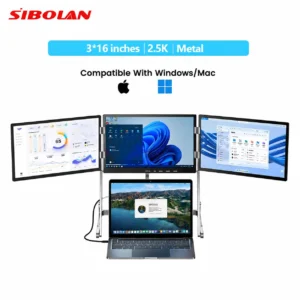 Sibolan, monitor portátil de 16 pulgadas con resolución 2.5K y tres pantallas, 100% de cobertura SRGB, cuerpo metálico, con puertos HDMI y USB-C, extensor de pantalla triple para portátiles, compatible con Windows y macOS.