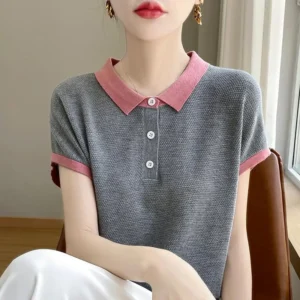 Camiseta informal de manga corta para mujer, Top holgado, versátil, con cuello tipo Polo, a la moda, 2024