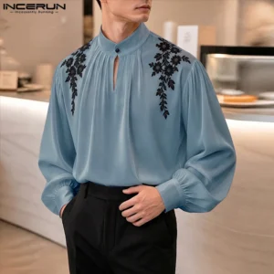 Camisa de Hombre INCERUN, Cuello Alto Bordado, Manga Larga, Ropa Elegante para Hombre, Moda Urbana, Camisas Casuales para Hombre