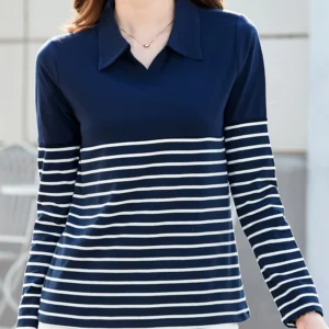 Camisa POLO de manga larga con costuras a rayas de color sólido para mujer, top de punto lavable a máquina, diseño minimalista