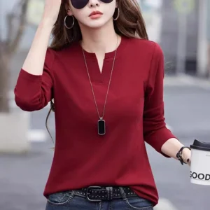 Camiseta de Manga Larga para Mujer, para Primavera y Otoño, Color Rojo Vino, Algodón Puro, Nueva Moda, Cuello en V Grande, Corte Ajustado, Informal, Talla 3XL