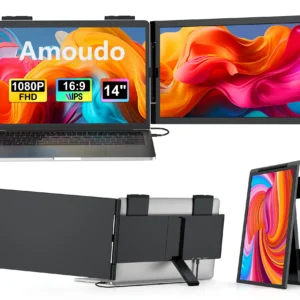Monitor Portátil Doble para Laptop Amoudo de 14 Pulgadas, 1920*1080P IPS, Monitor Triple con Puerto USB-C para Laptops de 14-16.5 Pulgadas, Windows/Mac, Xbox