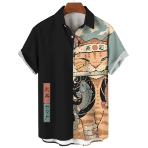 Ropa de moda para hombre, Tops geniales con diseño de gato samurái, novedad de verano, ropa informal de manga corta para hombre, blusa holgada de Anime, camisas hawaianas