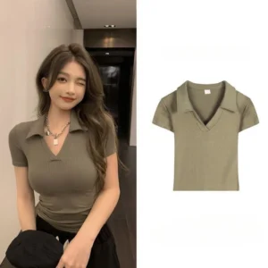 Polo de Golf con cuello en V para mujer, camiseta de manga corta, diseño Harajuku Y2K, capa Base ajustada, Top corto con hombros descubiertos