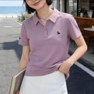 Camisetas tipo polo de algodón de manga corta, color liso, básicas para mujer, tops de punto para verano, camiseta informal para diario.