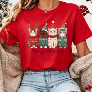Camiseta navideña para mujer con estampado de gato, suéter navideño, gorro y reno, manga corta, informal, para fiestas navideñas, regalo.