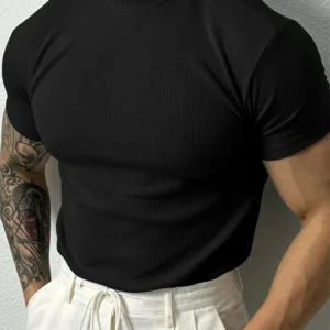 Camiseta de moda de verano 2025 para hombre, camisa a rayas con cuello alto pequeño, camiseta deportiva de manga corta para fitness, camiseta deportiva de ocio para hombre