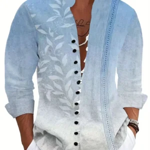Camisa de manga larga para hombre, camisa con botones estampados de hojas de bambú y pájaro nuevo, camisa holgada de moda para hombre, ropa informal para hombre