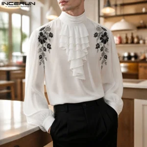 Camisa bordada de estilo vintage con volantes y mangas largas para hombre, de la marca INCERUN. Ropa informal para hombre, ideal para el día a día y para lucir un estilo urbano y elegante.