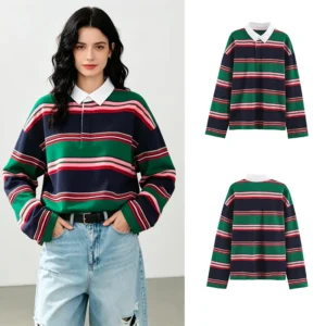 Camiseta Polo a Rayas de Moda SLTNX, Estilo Retro Preppy, Camiseta de Manga Larga para Mujer