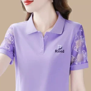 Camiseta de Verano de Manga Corta para Mujer, Estilo Holgado con Cuello Bordado, Estilo Mamá, Camiseta de Malla de Polié...
