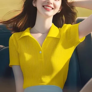 Camiseta de punto de manga corta con solapa a la moda, estilo coreano, holgada, informal, para mujer, novedad de verano