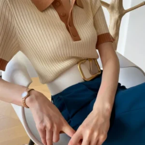 Camisetas de Verano a la Moda para Mujer, Corte Ajustado, Cuello Polo, Tejido de Seda de Hielo, Elegante Top Corto