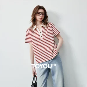 Camiseta de mujer TOYOUTH, novedad de verano 2026, top náutico con cuello polo, diseño de bloques de color y rayas huecas, camiseta vintage de ajuste holgado