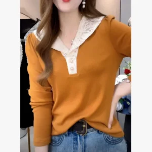 Nueva colección de primavera y otoño: blusas informales con detalles de encaje y contraste de colores, manga larga, cuello en V, tallas grandes, camisetas de estilo vintage, tendencia de moda, ropa para mujer.