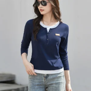 Camiseta de Manga Larga Azul Oscuro para Mujer, Otoño, Nueva Moda de Alta Gama, Algodón, Talla Grande, Cuello en V, Estilo Dos Piezas, Informal